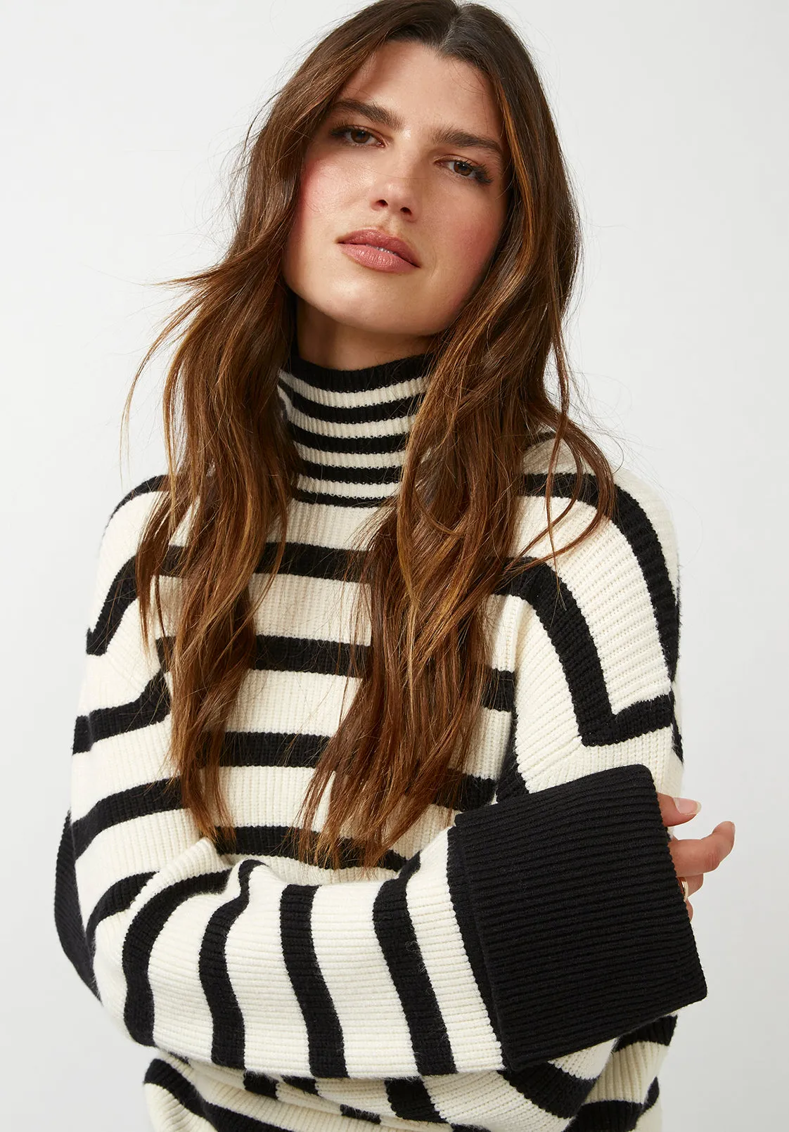 Drew Women's Funnel Neck Sweater in Black & White Stripe - SW0020F