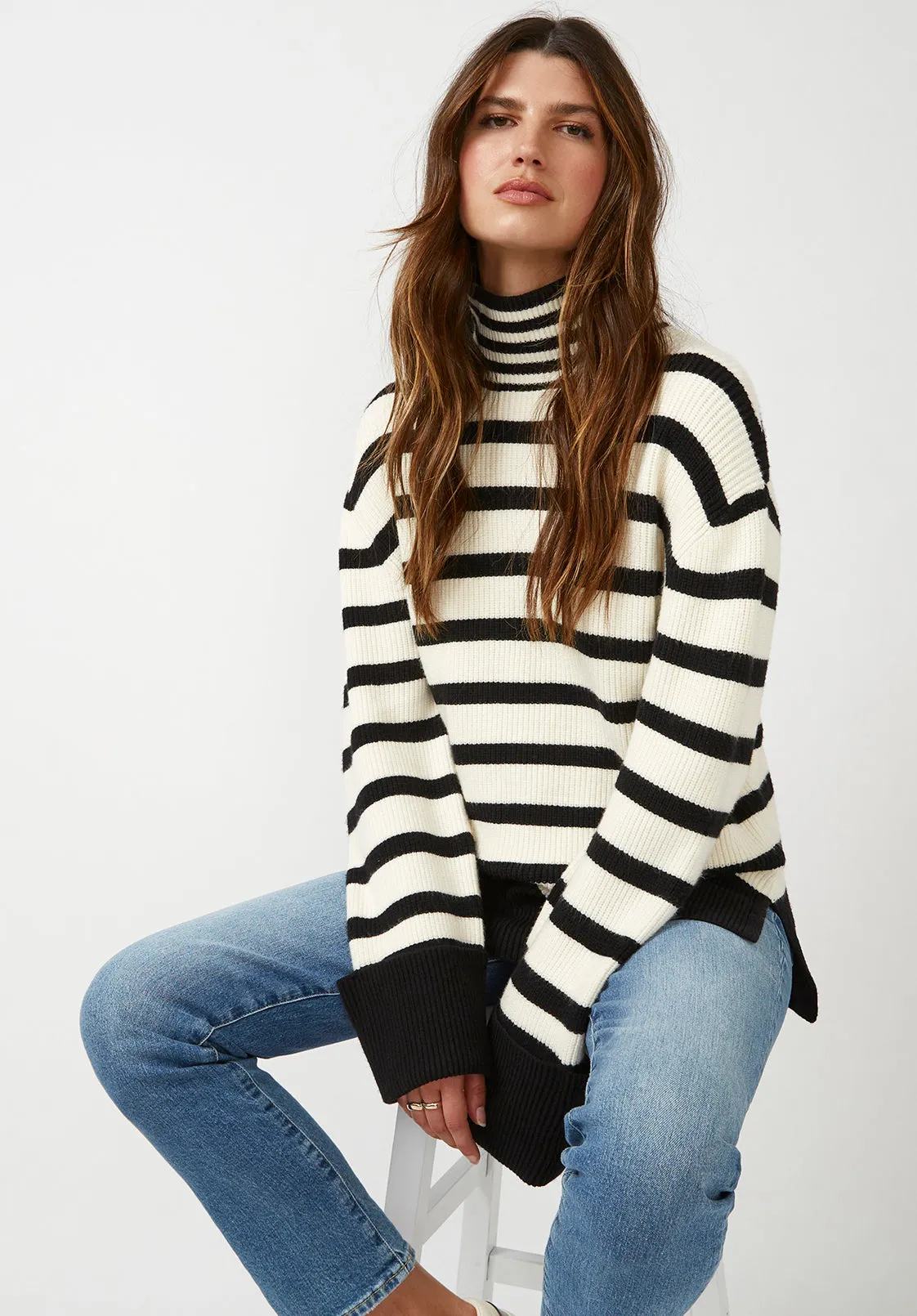 Drew Women's Funnel Neck Sweater in Black & White Stripe - SW0020F