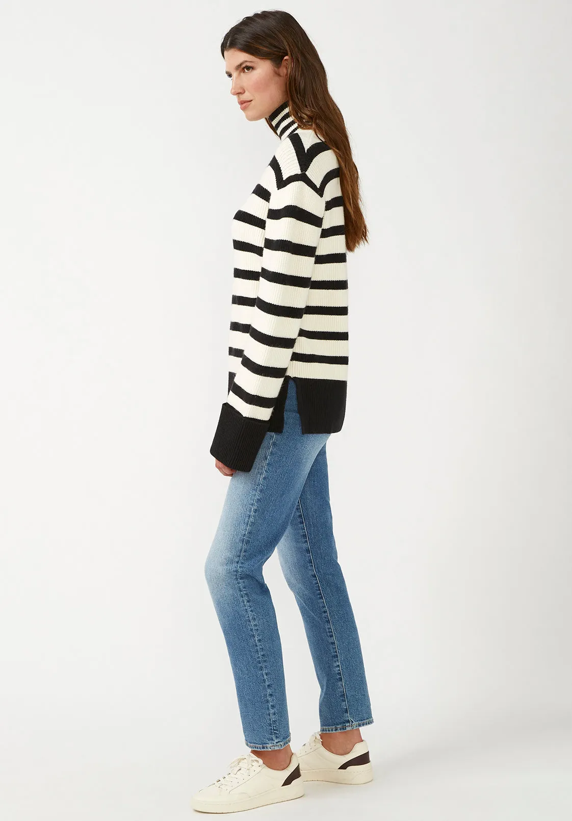 Drew Women's Funnel Neck Sweater in Black & White Stripe - SW0020F