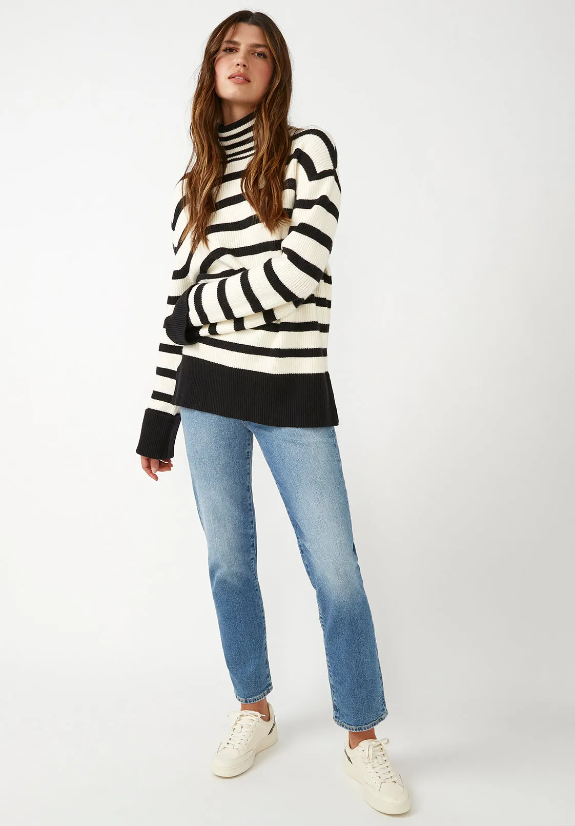 Drew Women's Funnel Neck Sweater in Black & White Stripe - SW0020F