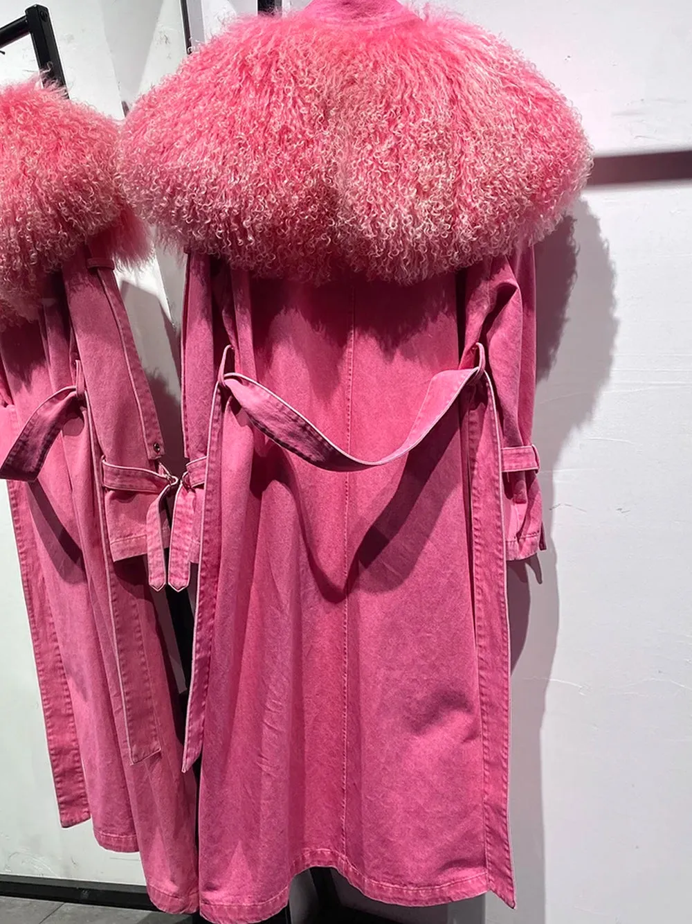 DUVE Fluffy Faux Fur Denim Coat in Pink