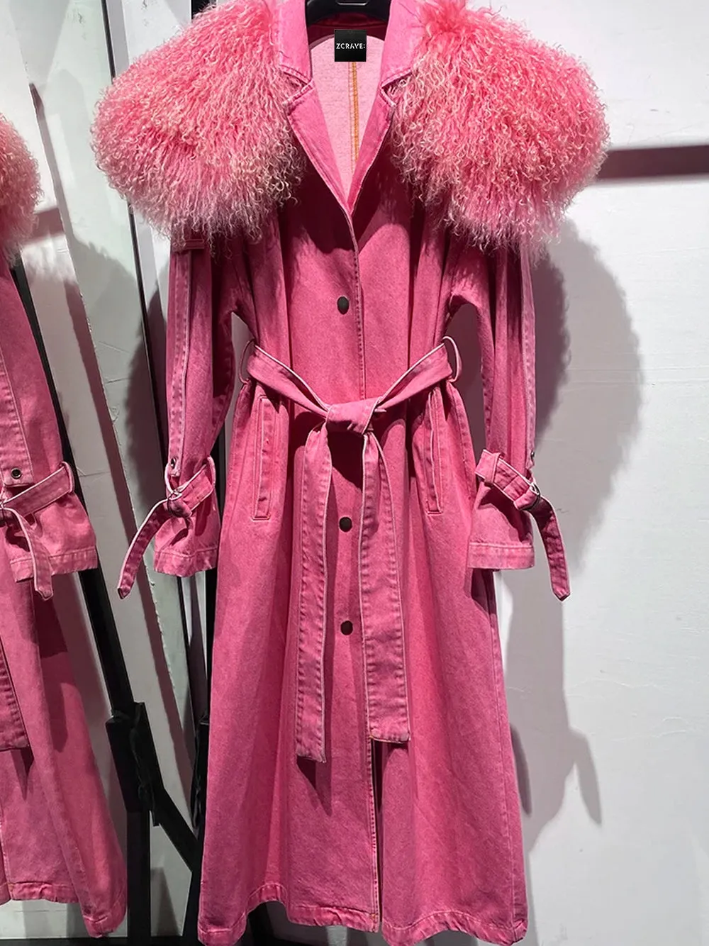 DUVE Fluffy Faux Fur Denim Coat in Pink