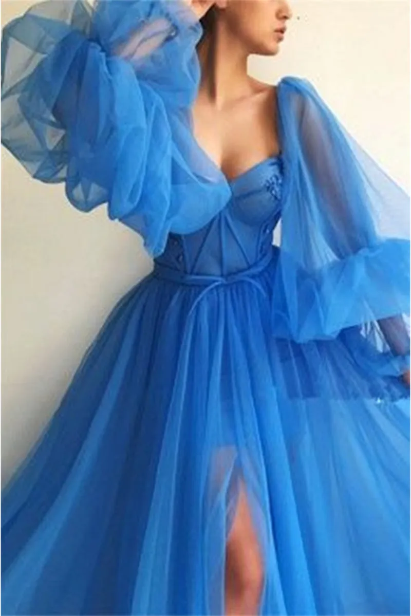 Embroidered Corset Puffy Sleeve Mesh Tulle Ball Gown Thigh Split Bridesmaid Dress