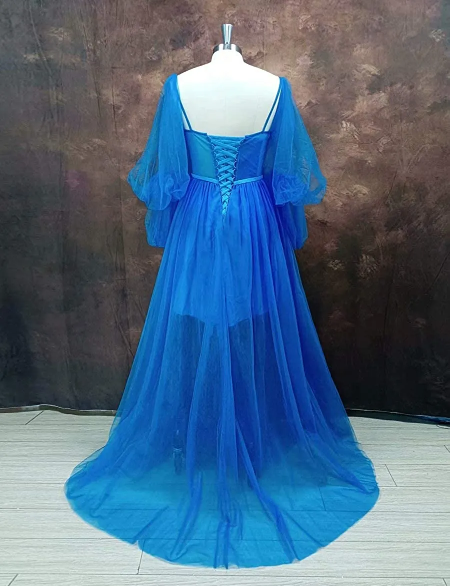 Embroidered Corset Puffy Sleeve Mesh Tulle Ball Gown Thigh Split Bridesmaid Dress