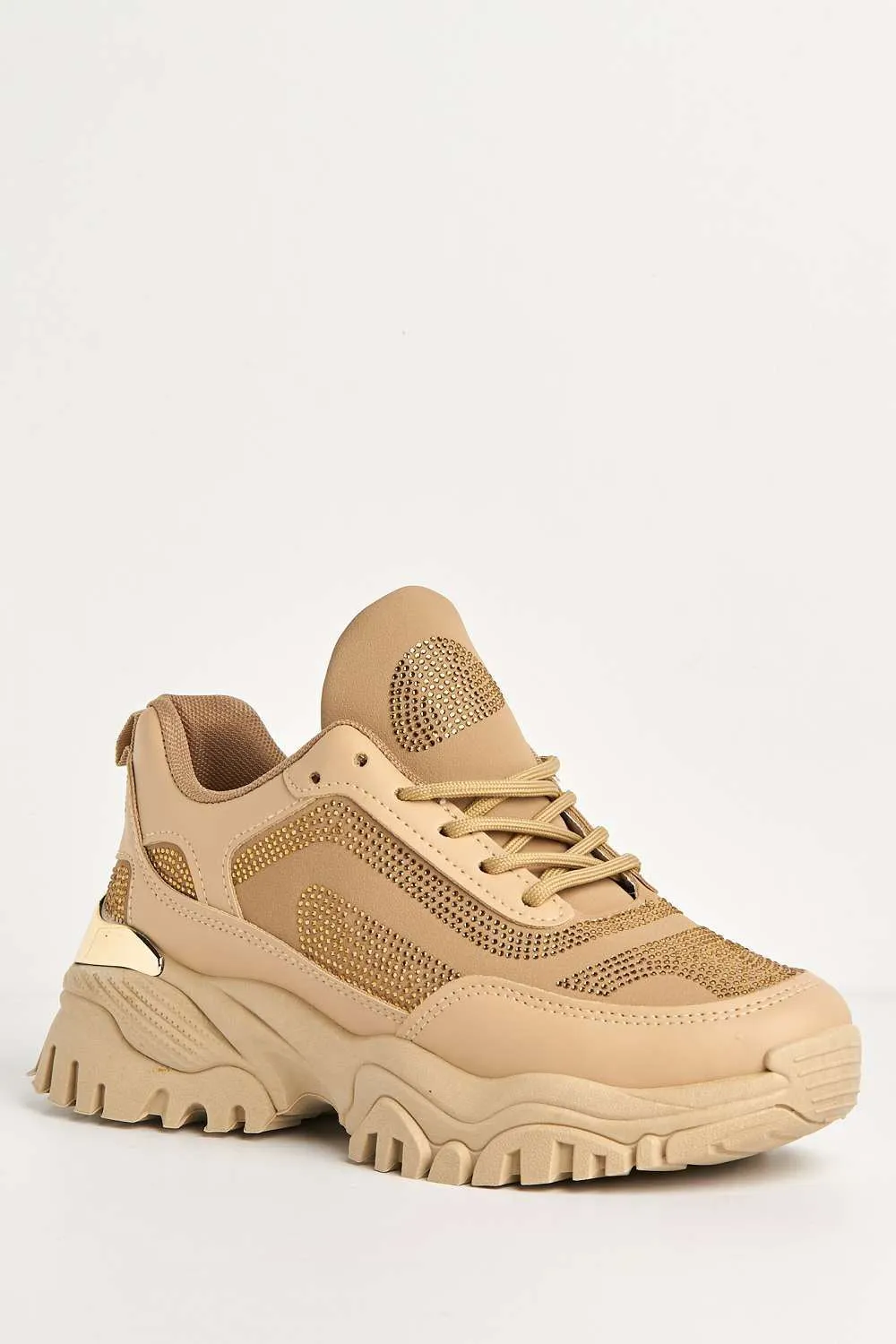 Eva Diamante Embellished Chunky Sole Lace-Up Trainers in Khaki