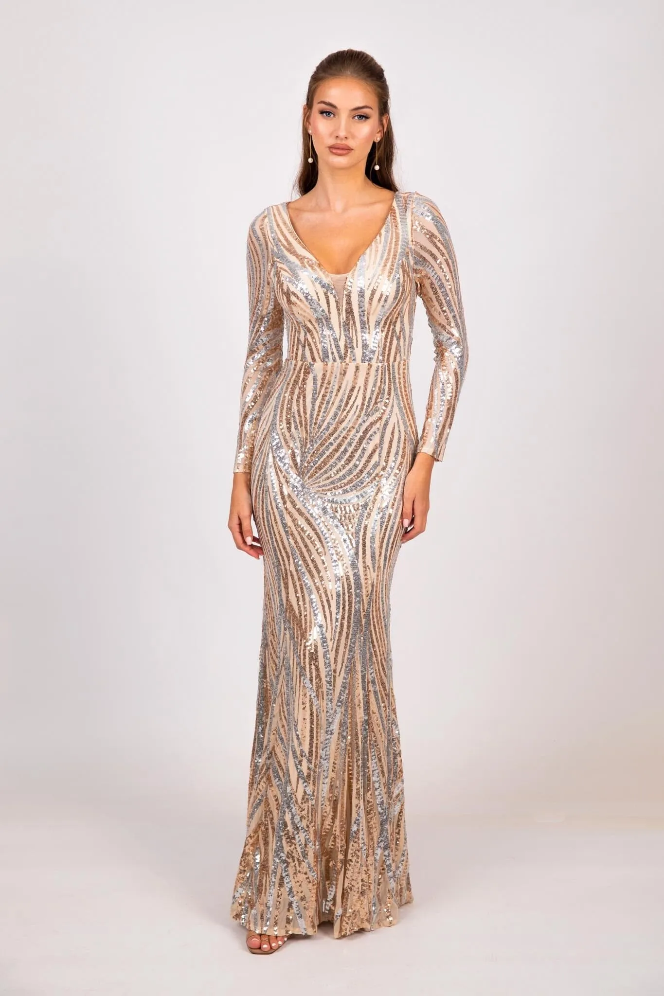 Evangeline Pattern Sequin Gown - Champagne