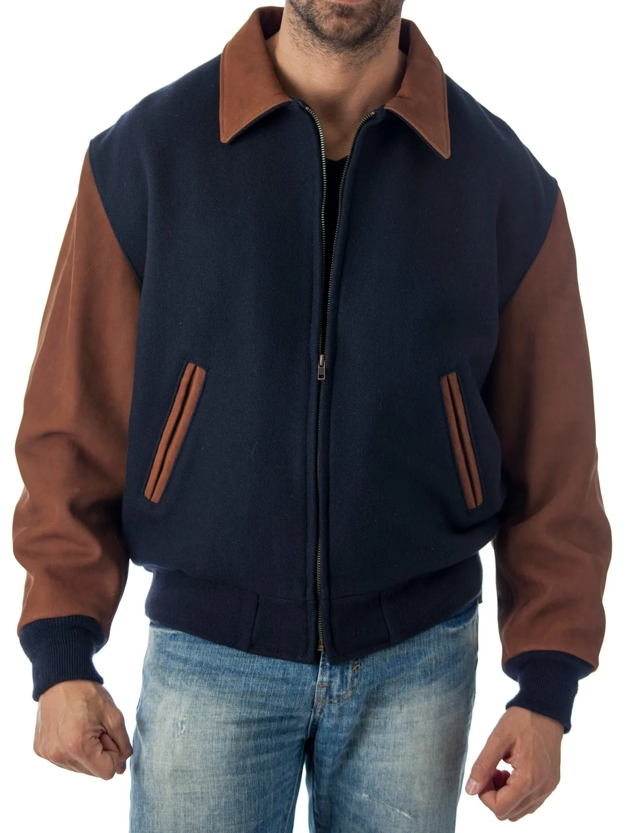 Executive Varsity Jacket From Leather Naked Cowhide Sleeves - Quality Wool Body -  Union Made in USA