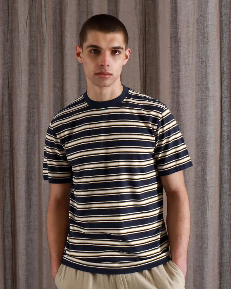 Far Afield Crew Neck T Shirt Brighton Stripe Navy Iris