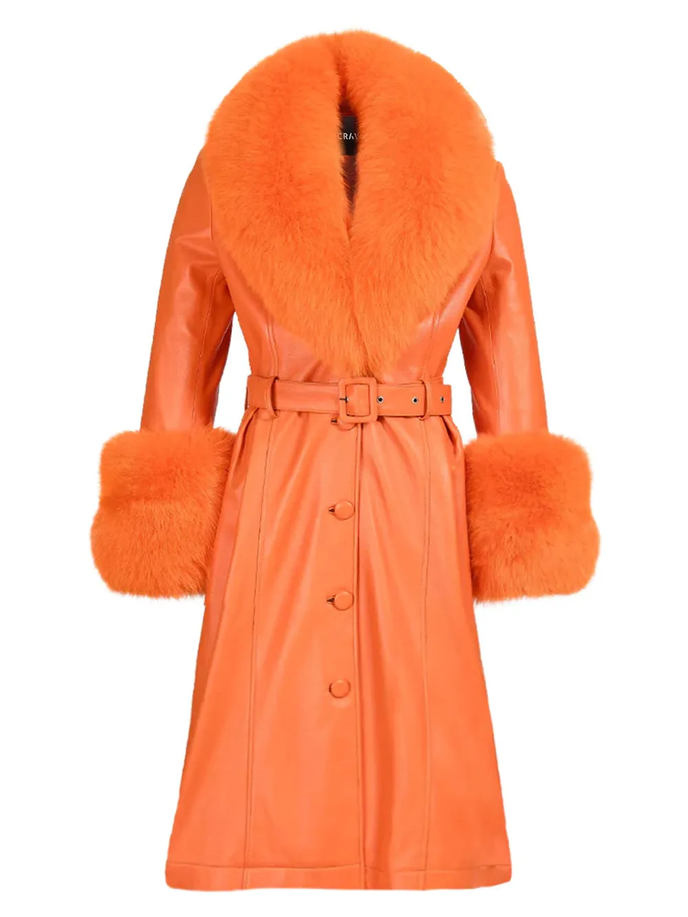 Faux Fur Genuine Leather Coat in Orange