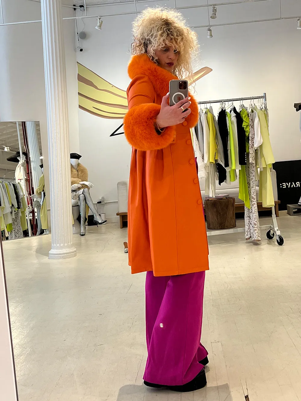 Faux Fur Genuine Leather Coat in Orange