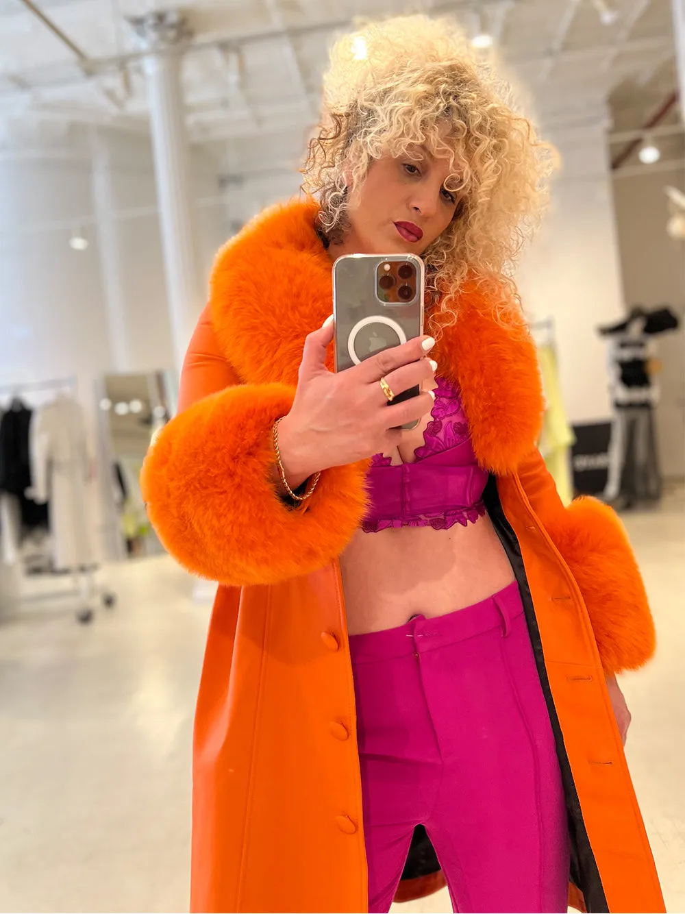 Faux Fur Genuine Leather Coat in Orange