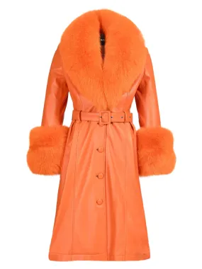 Faux Fur Genuine Leather Coat in Orange