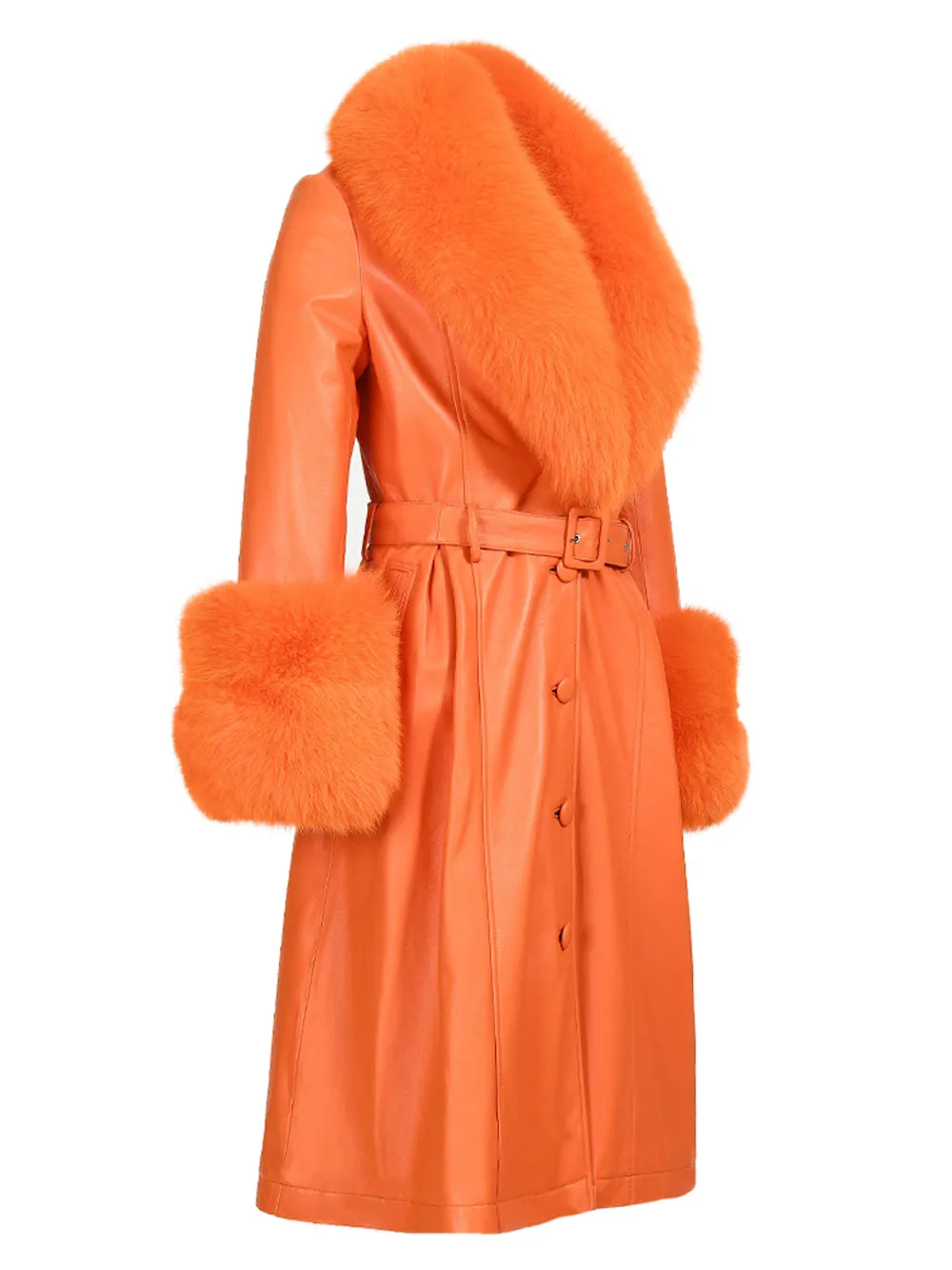 Faux Fur Genuine Leather Coat in Orange