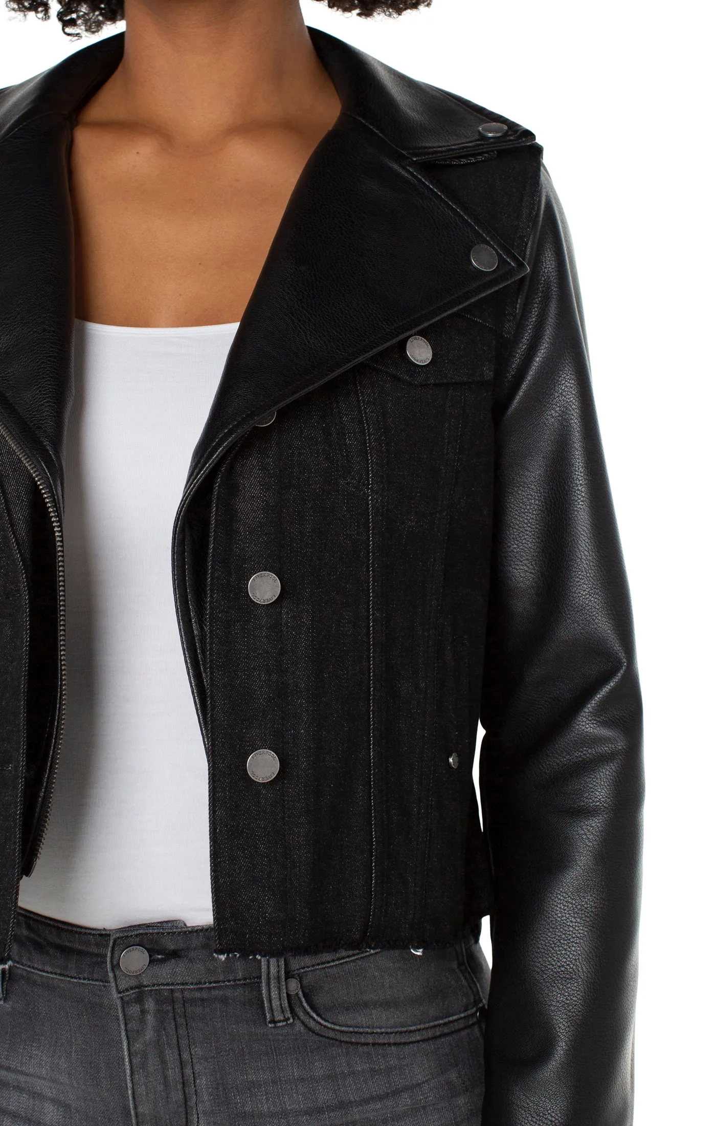 Faux Leather & Denim Moto Jacket