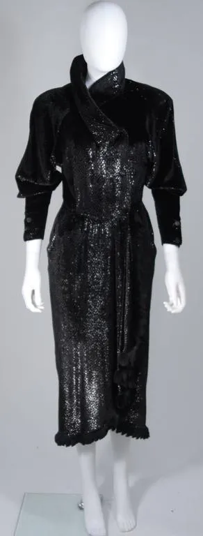 FENDI 1980s Black Reflective Velvet Texture Wrap Dress w/ Mink 42