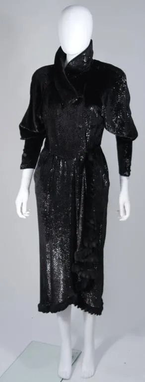 FENDI 1980s Black Reflective Velvet Texture Wrap Dress w/ Mink 42