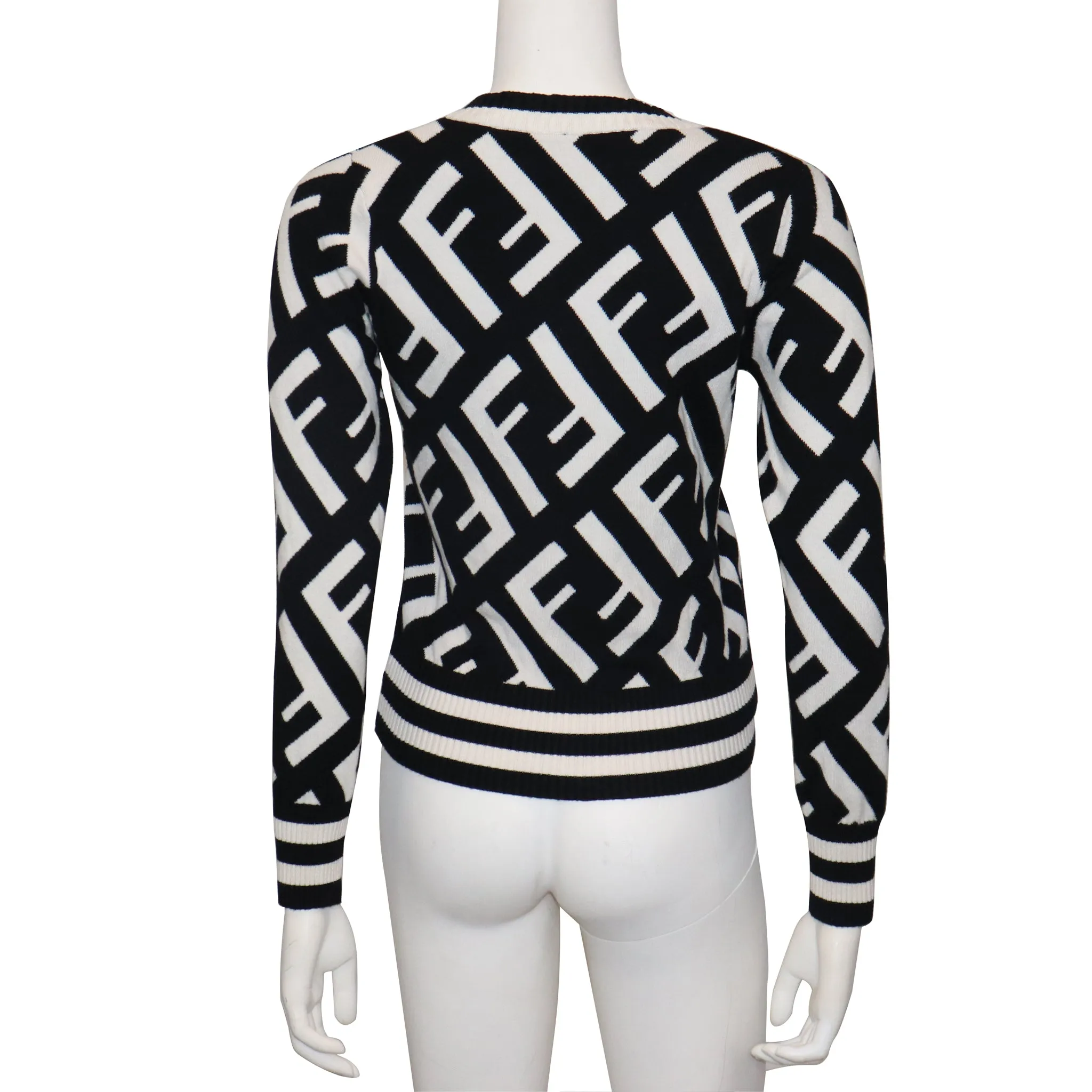 Fendi Black & White 'F' Pattern V-Neck Sweater