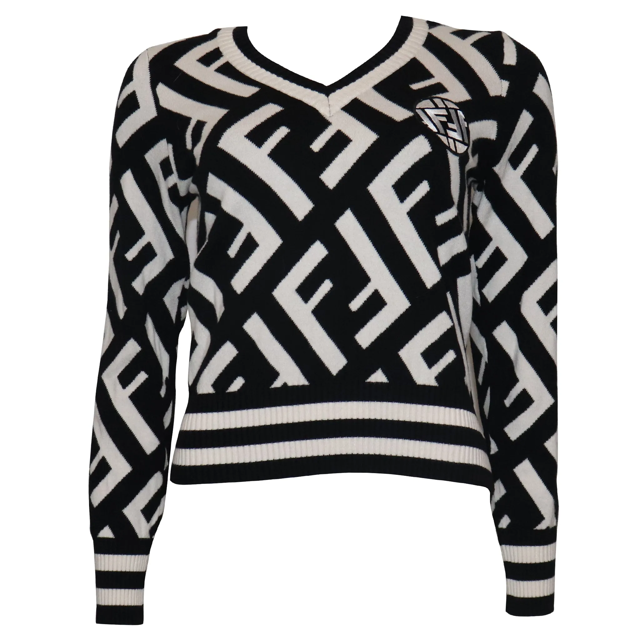 Fendi Black & White 'F' Pattern V-Neck Sweater