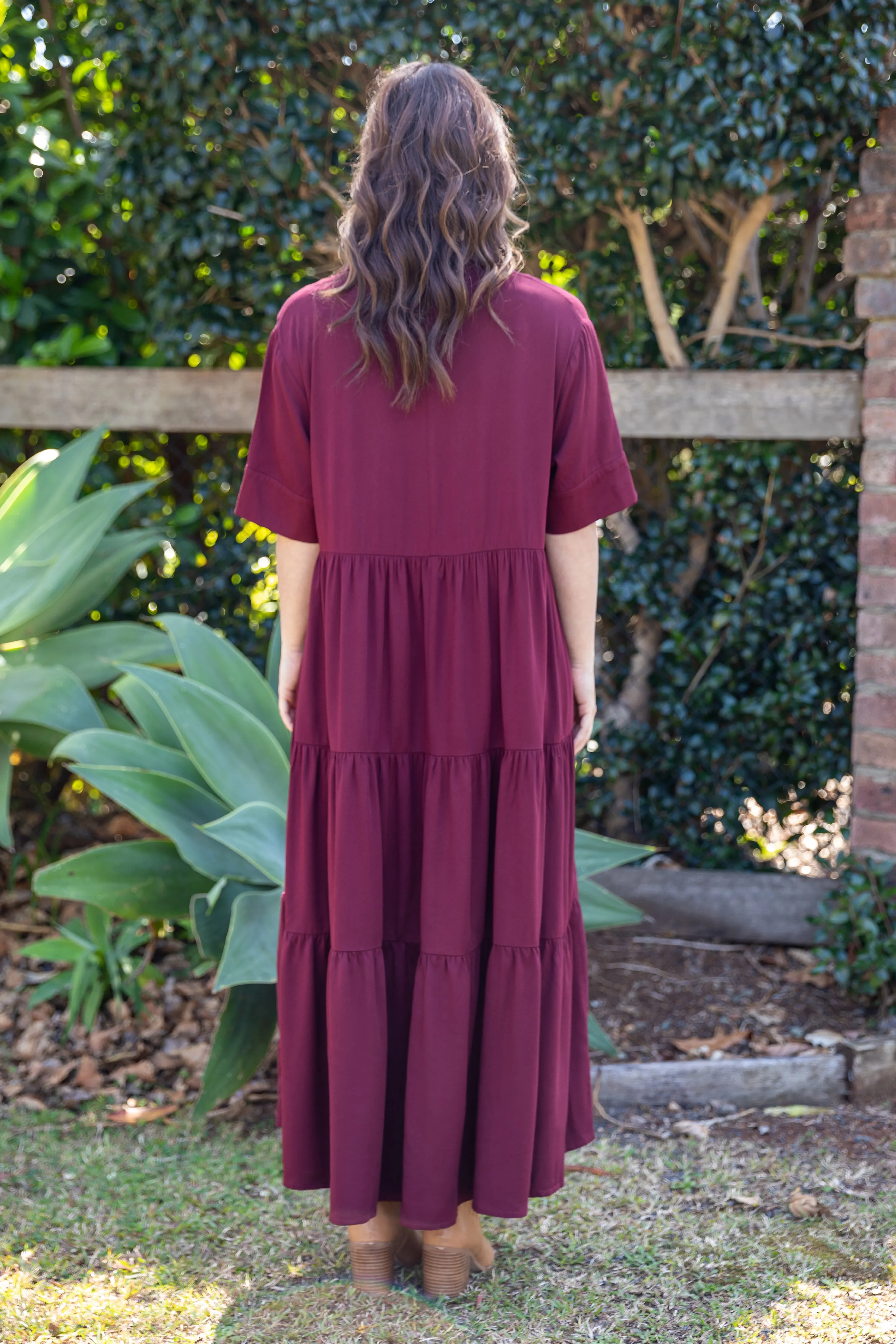 FINAL SALE Serenity Ruffle Maxi Dress in Burgundy