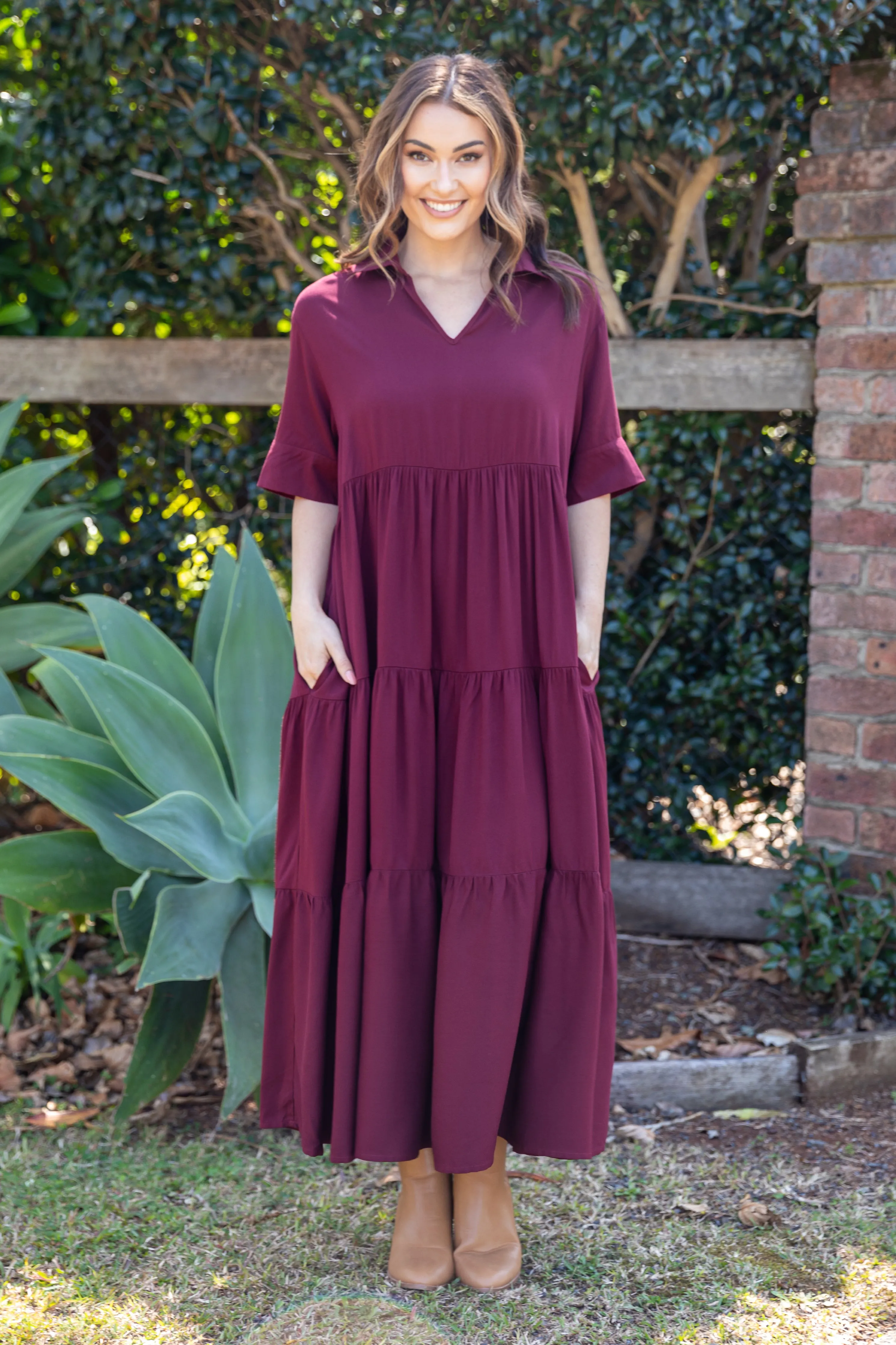 FINAL SALE Serenity Ruffle Maxi Dress in Burgundy