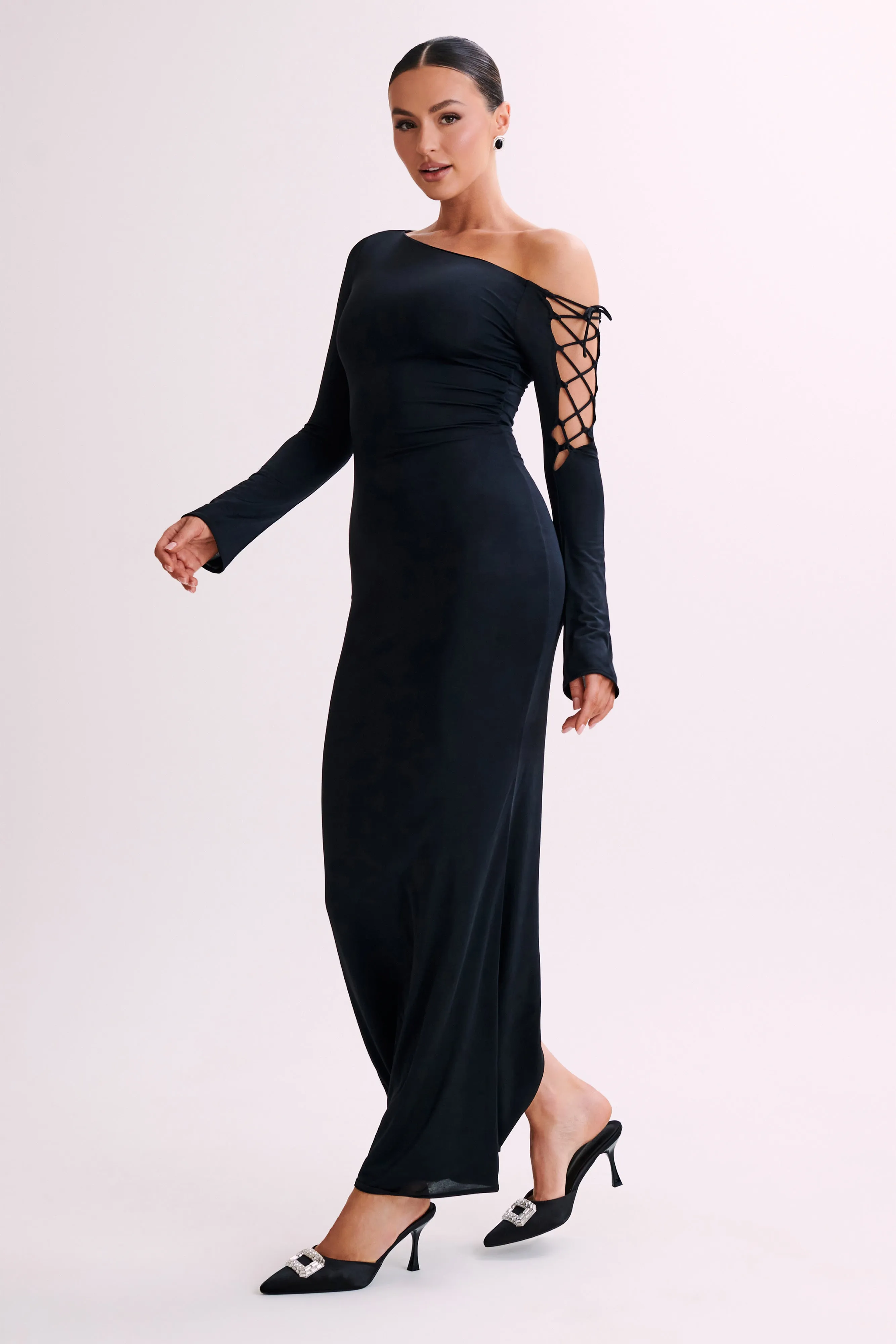 Gabby Tie Sleeve Slinky Maxi Dress - Black