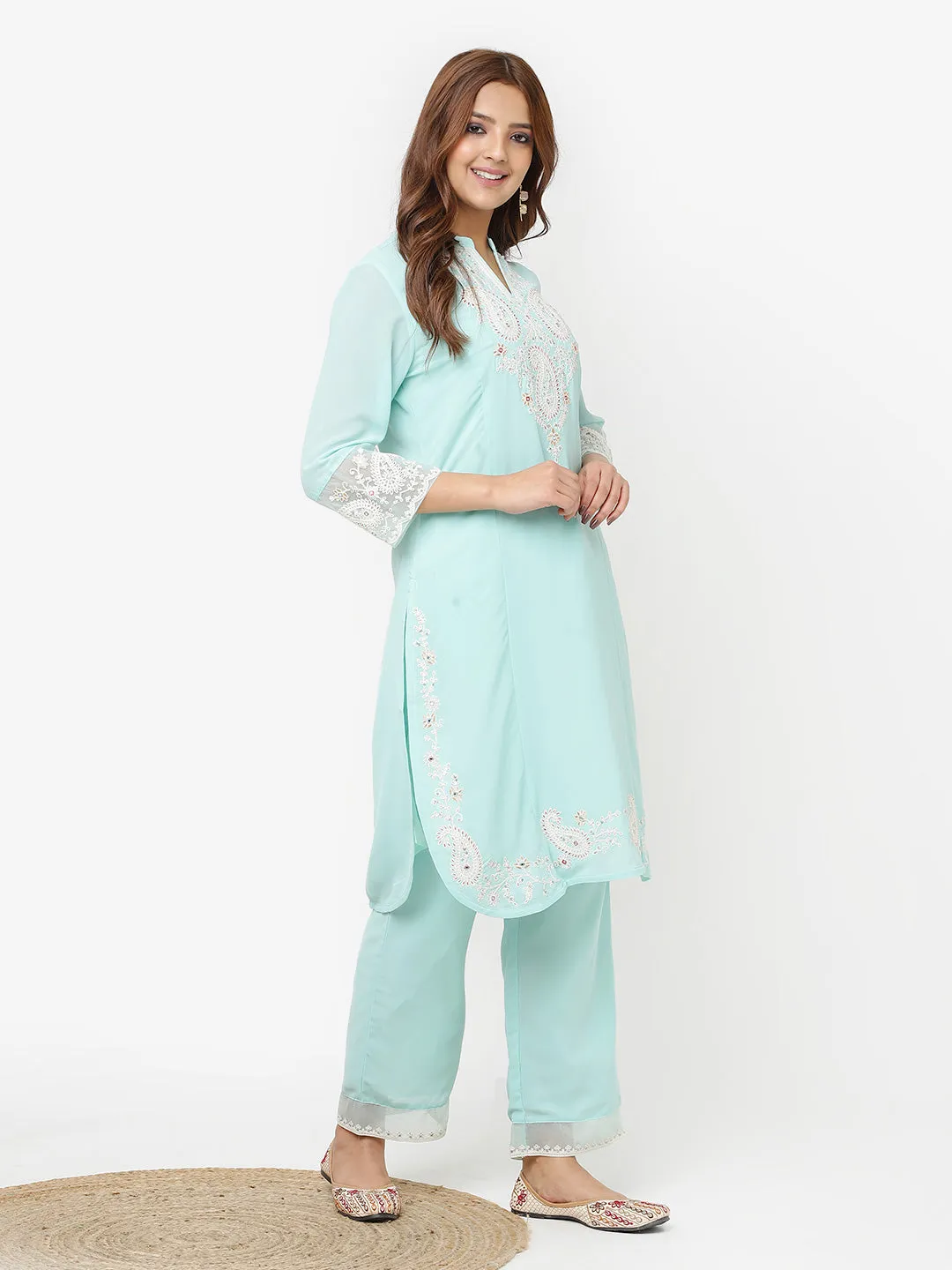 Green Embroidered Georgette Kurta Set