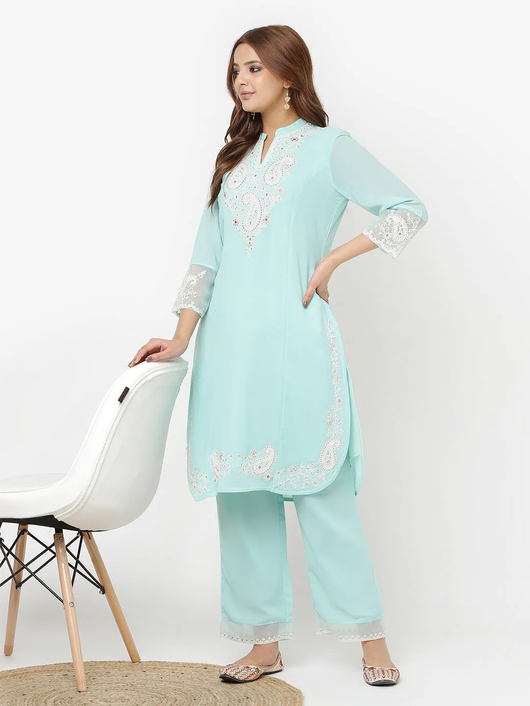 Green Embroidered Georgette Kurta Set