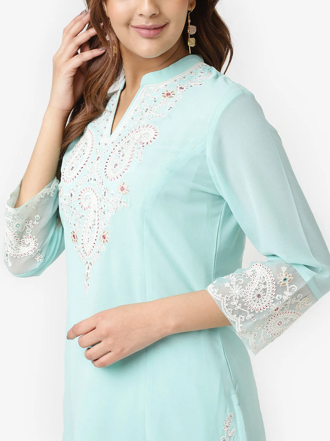 Green Embroidered Georgette Kurta Set