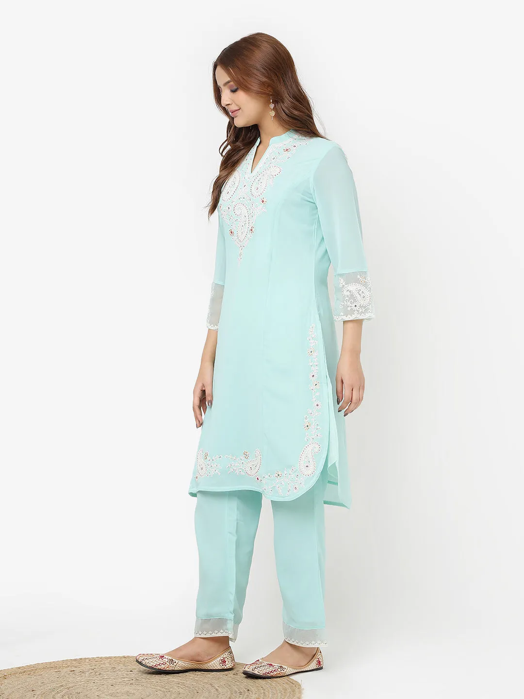 Green Embroidered Georgette Kurta Set