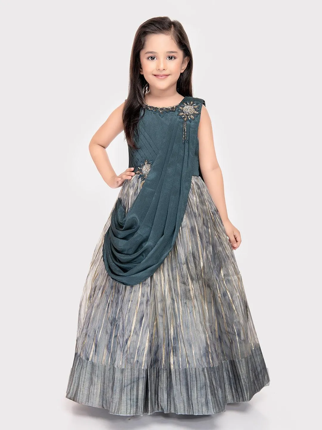 Grey Coloured Simple Dupatta Style Ethnic Wear Gown For Girls \ Party Wear Gown For Girls