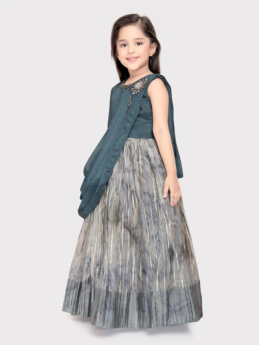 Grey Coloured Simple Dupatta Style Ethnic Wear Gown For Girls \ Party Wear Gown For Girls