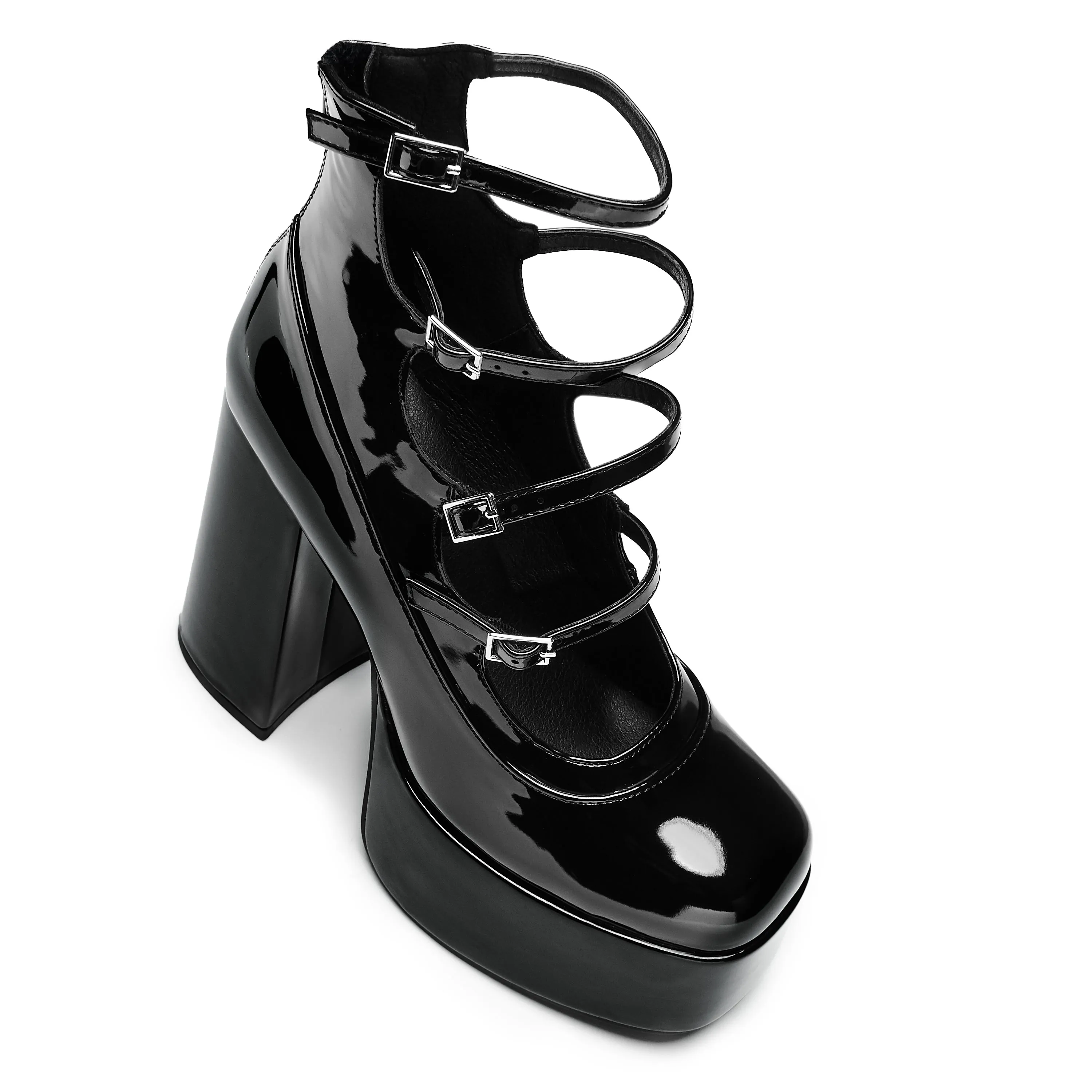 Gurren Strappy Black Patent Platform Heels