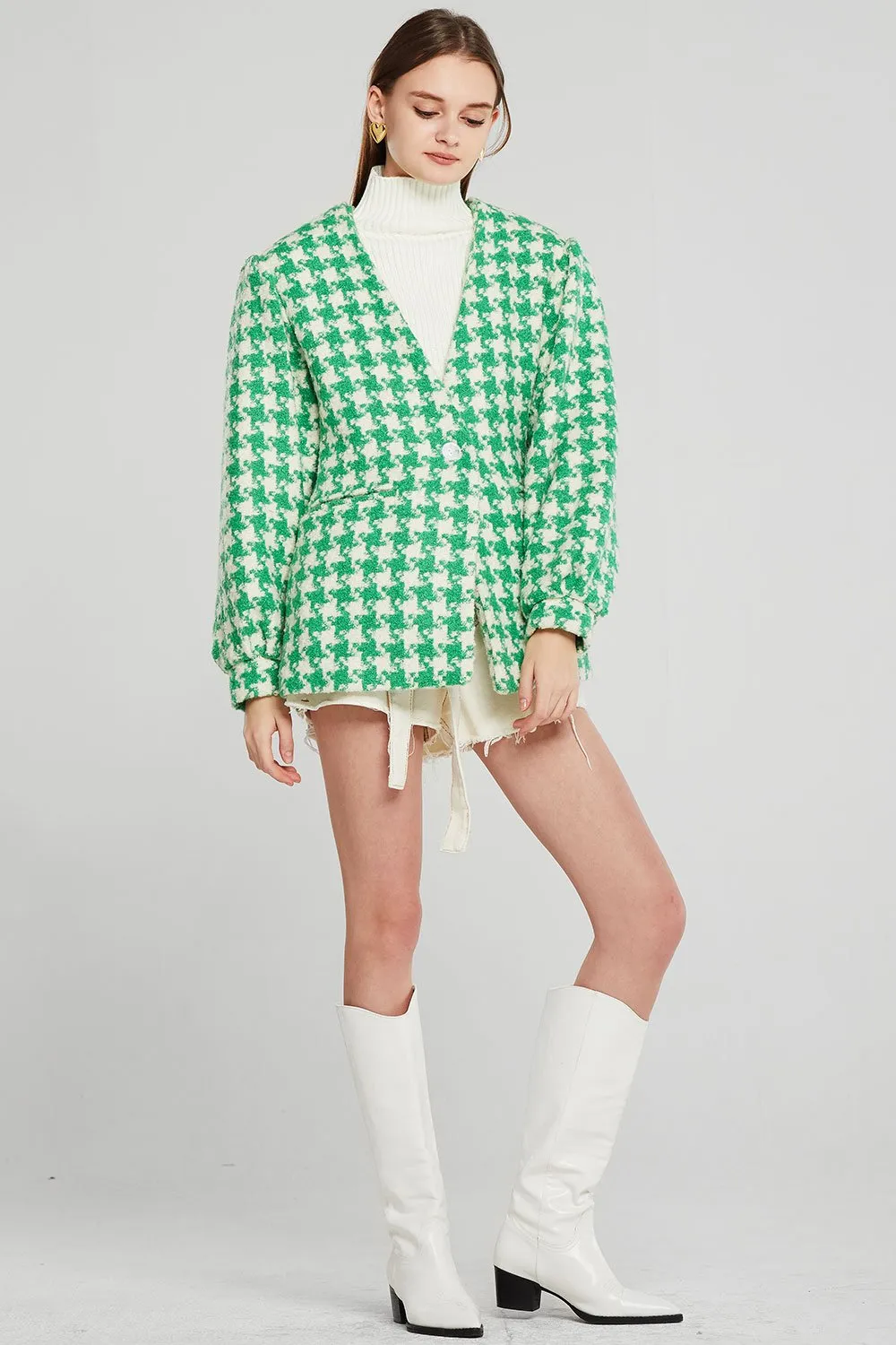 Jamie Oversized Collarless Houndstooth Blazer