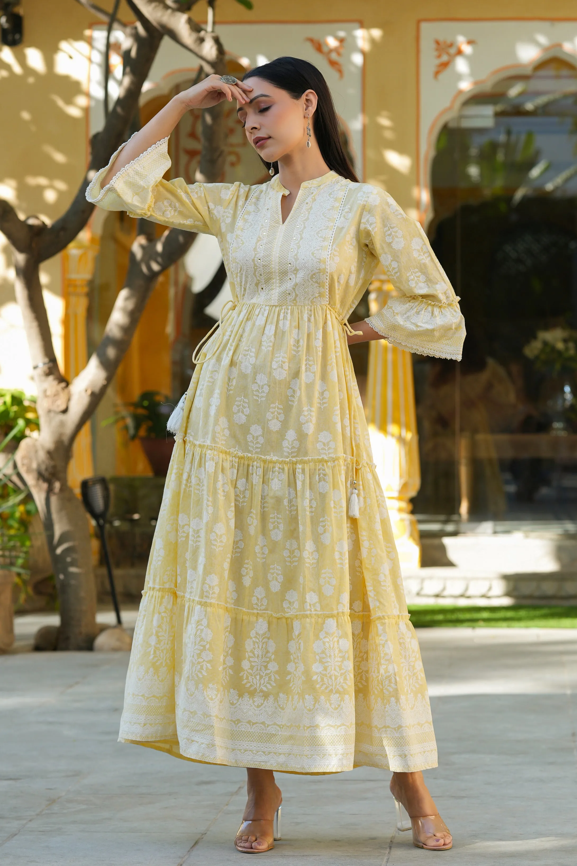 Juniper Lemon Yellow Ethnic Motif Printed Pure Cotton Tiered Maxi Dress with Sequins work