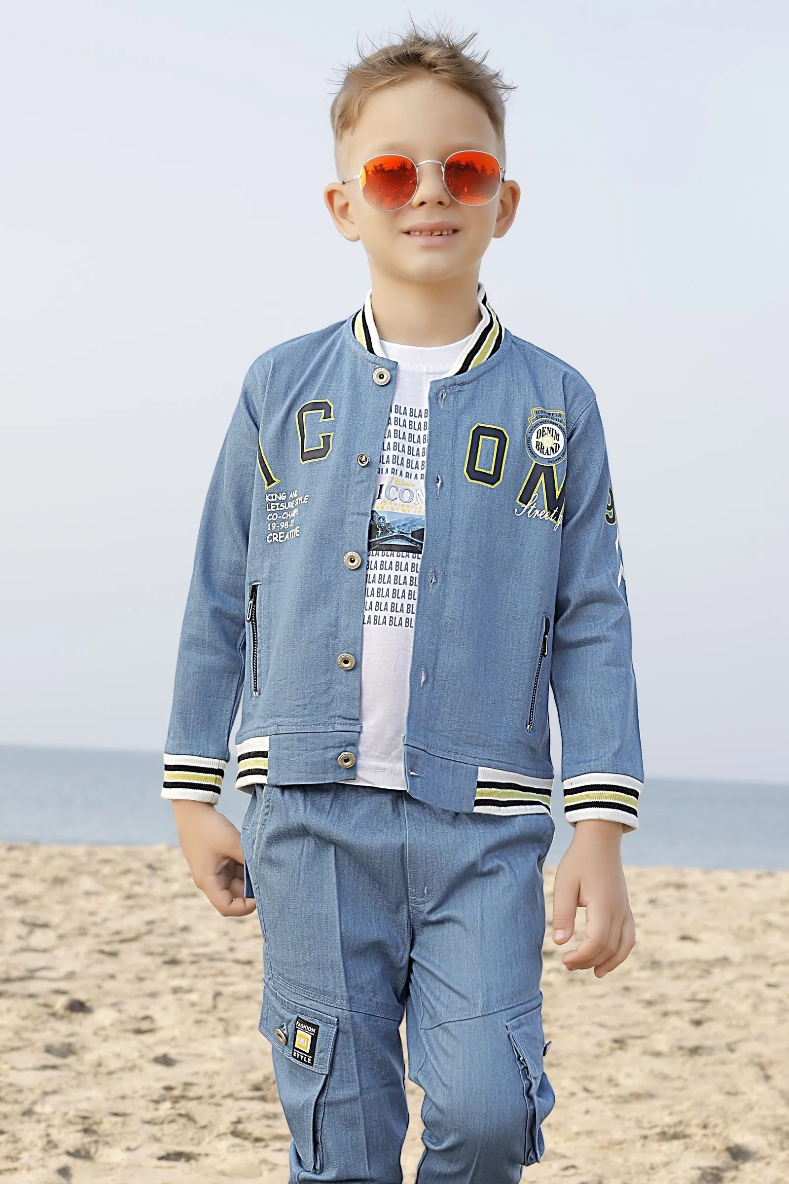 Light Blue with White Printed Waist Coat and Joggers Set for Boys