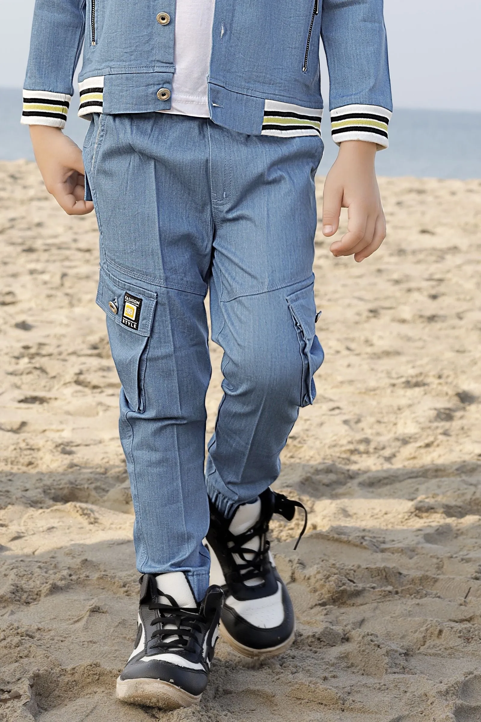 Light Blue with White Printed Waist Coat and Joggers Set for Boys