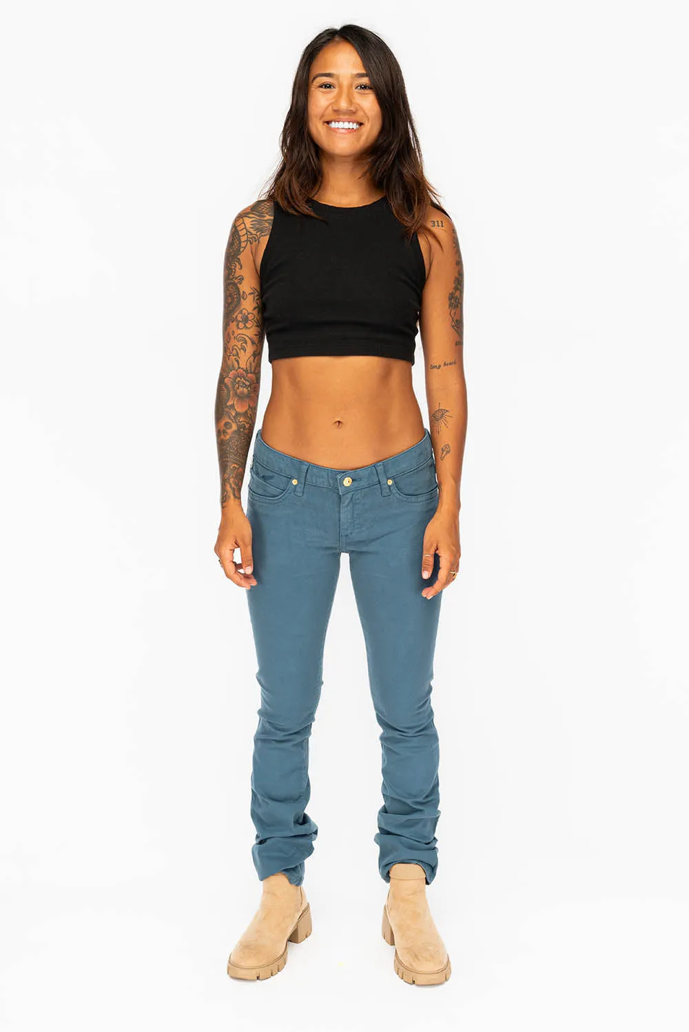 LOW RISE WOMENS JEANS IN PRUSSIAN BLUE WITH TONAL WINGS