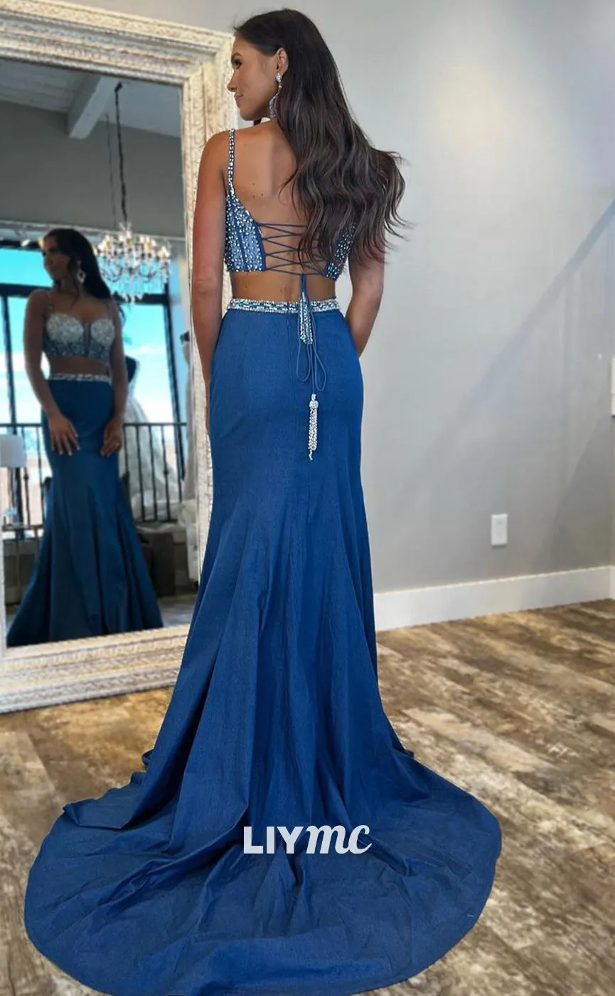 LP1216 - Sexy Blue Square Backless Beaded Two-Piece Prom Dresses