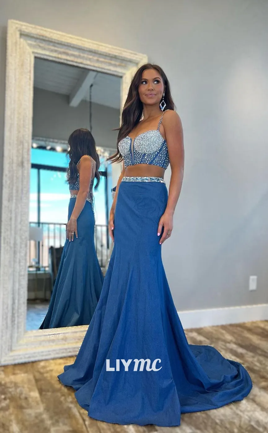 LP1216 - Sexy Blue Square Backless Beaded Two-Piece Prom Dresses