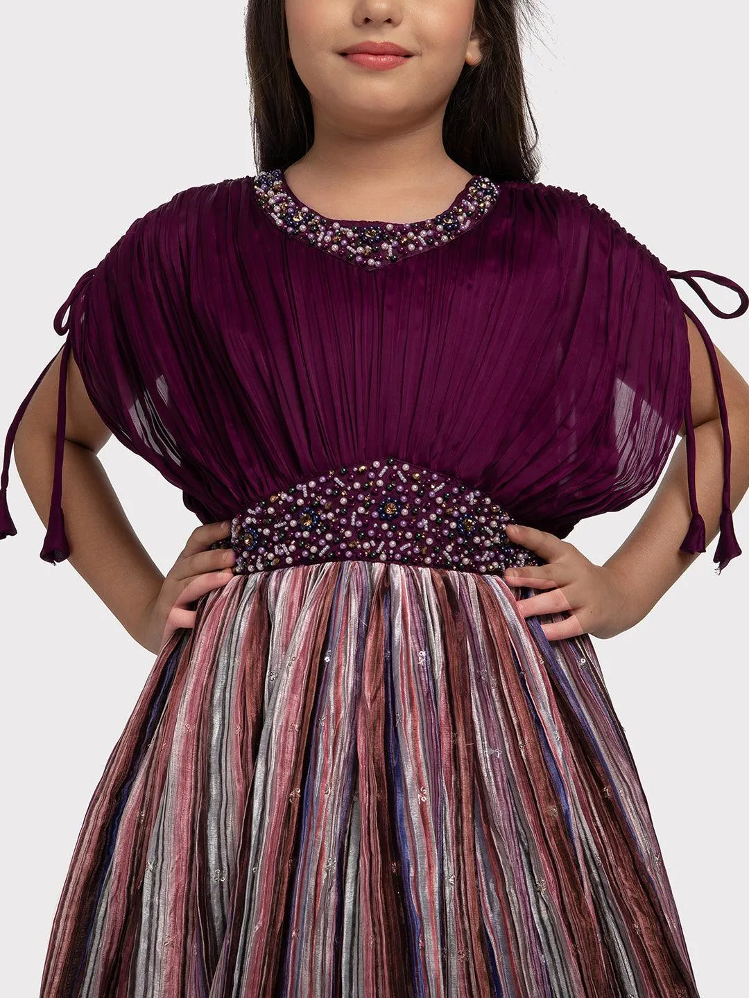 Maroon Coloured Butterfly Style Sleeves Multicolour Striped Gown For Girls