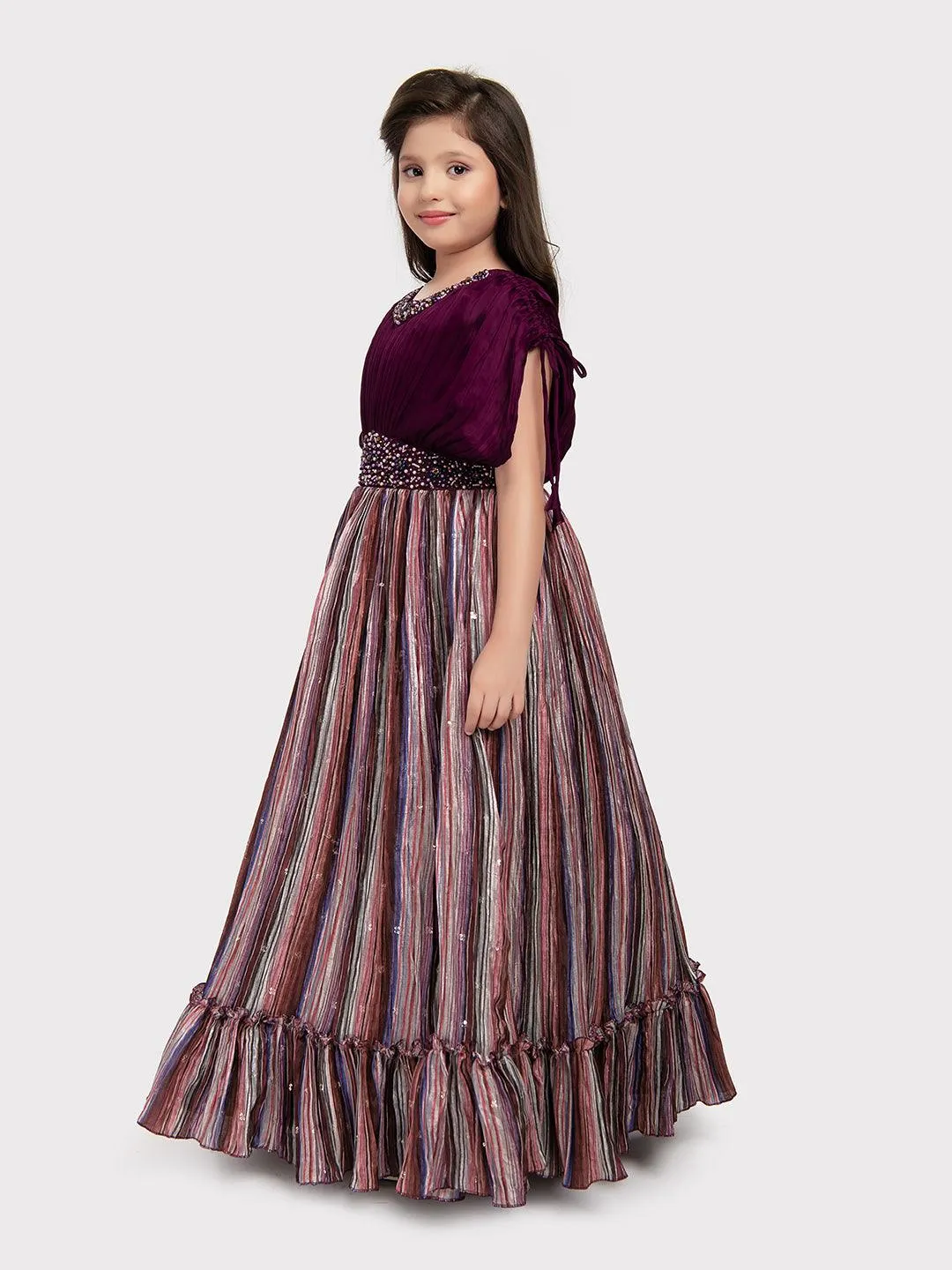 Maroon Coloured Butterfly Style Sleeves Multicolour Striped Gown For Girls