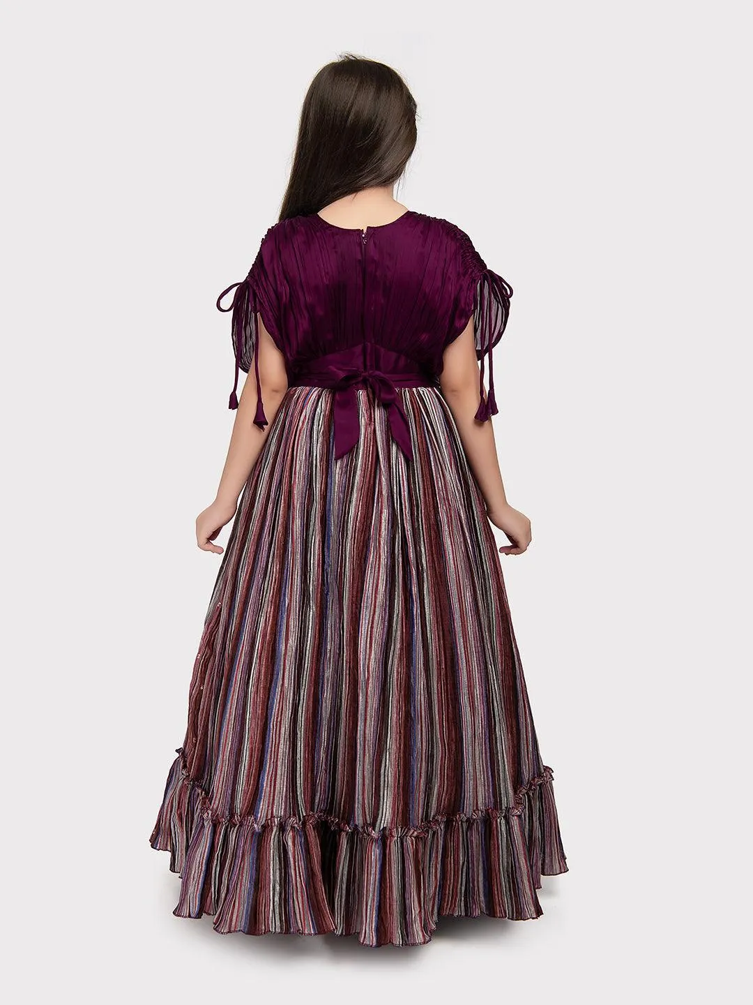 Maroon Coloured Butterfly Style Sleeves Multicolour Striped Gown For Girls