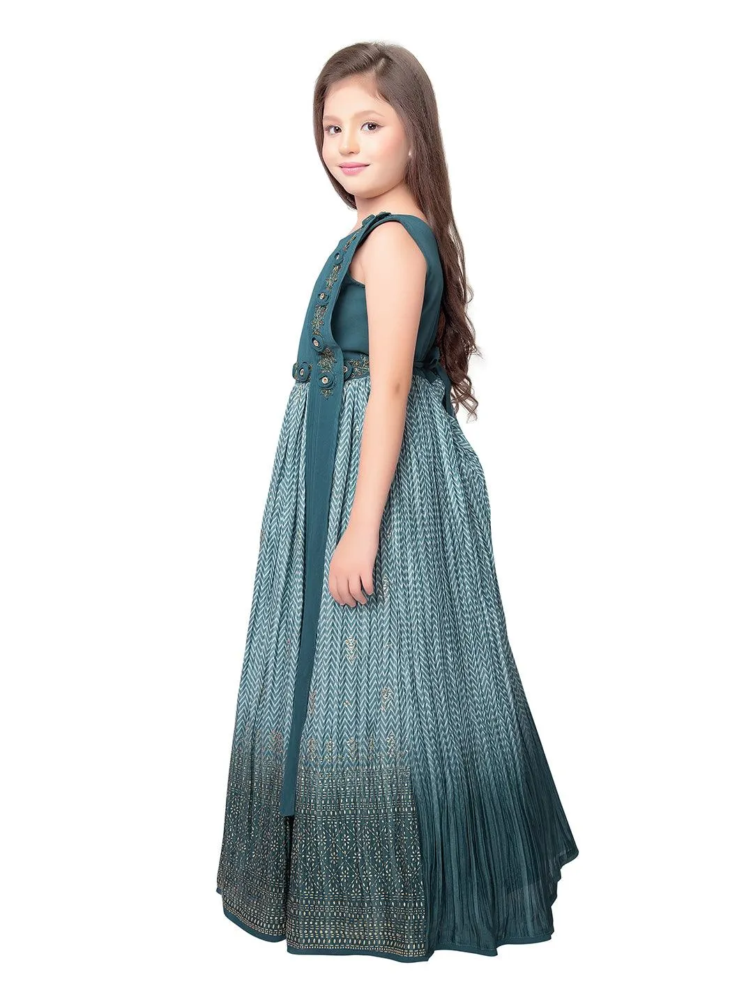 Oil Blue Coloured One Side Fancy Sleeve One Side Dupatta Pattern Stylish Gown For Girls