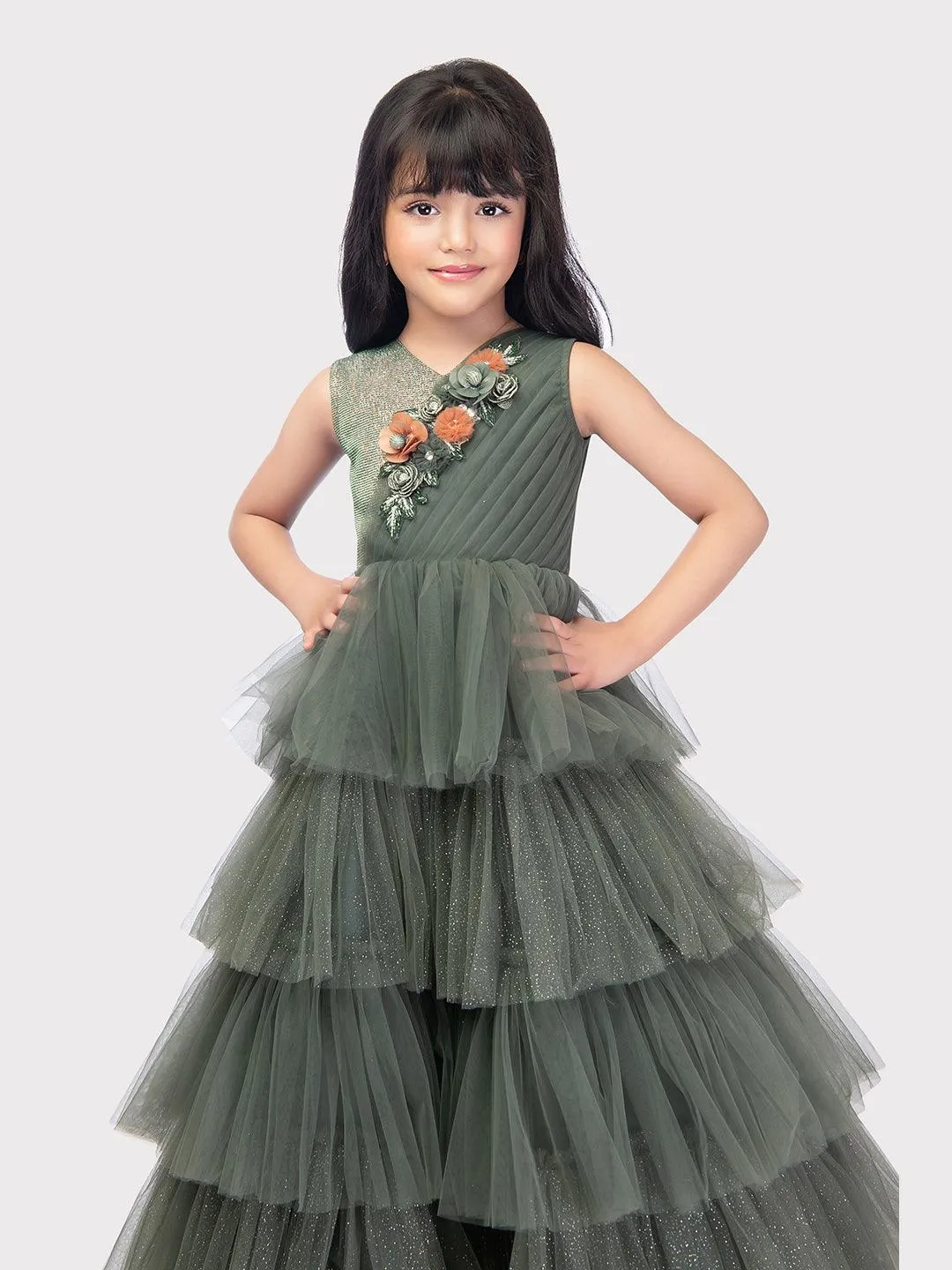 Party Wear Gowns For Girls / Online Dresses / Green Coloured Fancy Frill Gown For Girls