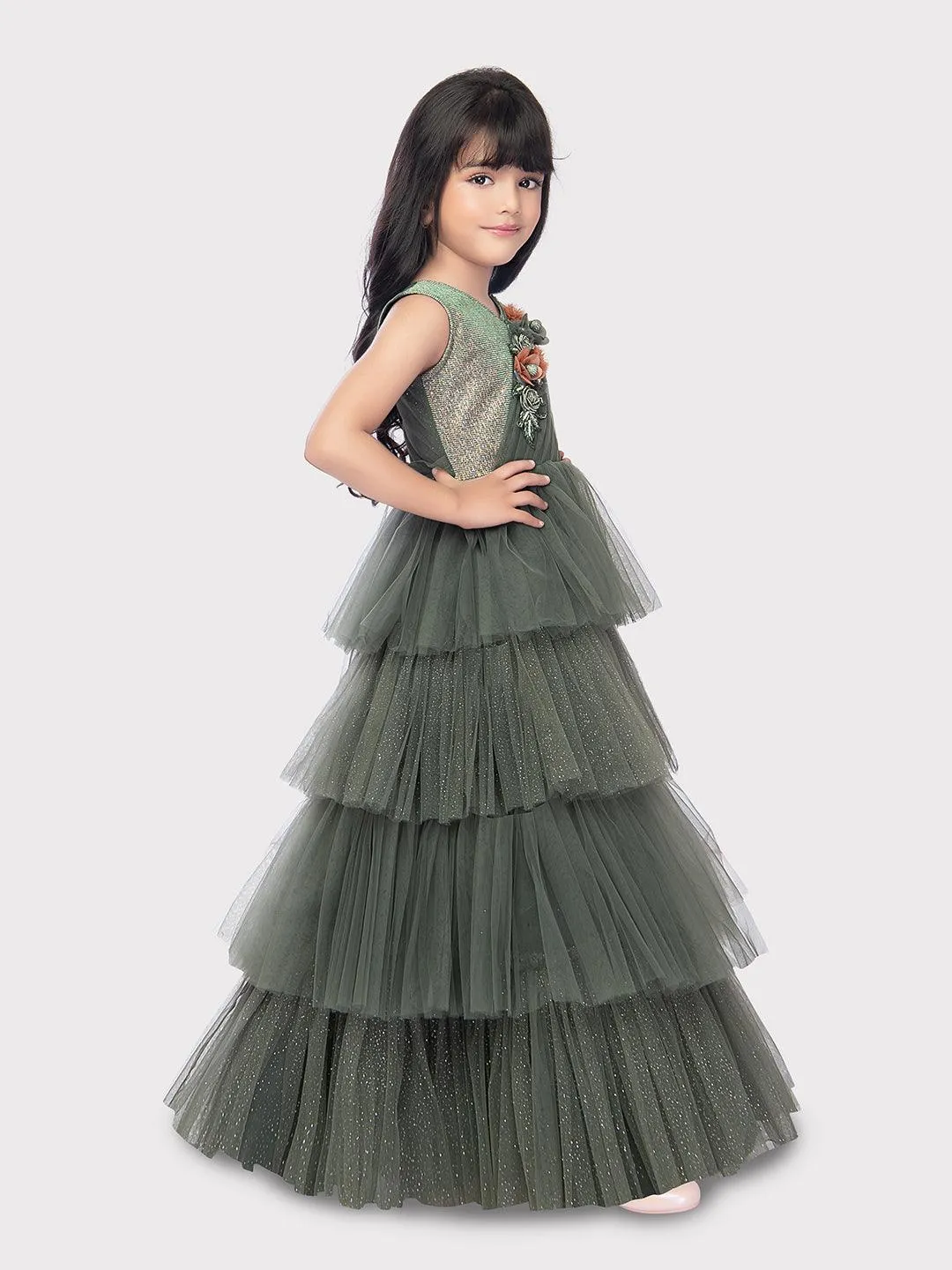 Party Wear Gowns For Girls / Online Dresses / Green Coloured Fancy Frill Gown For Girls