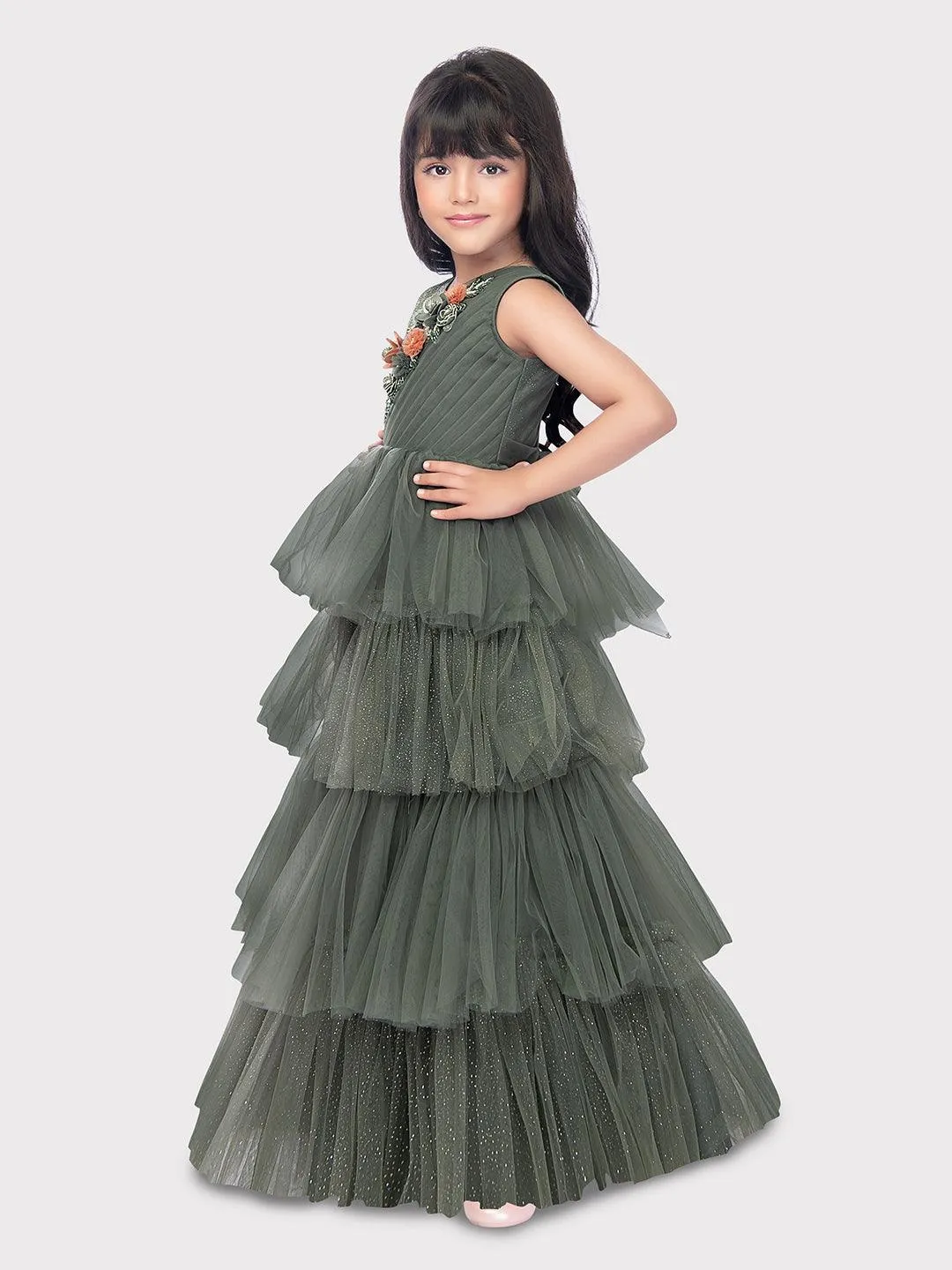 Party Wear Gowns For Girls / Online Dresses / Green Coloured Fancy Frill Gown For Girls