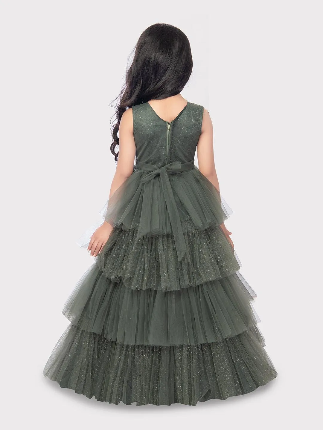 Party Wear Gowns For Girls / Online Dresses / Green Coloured Fancy Frill Gown For Girls