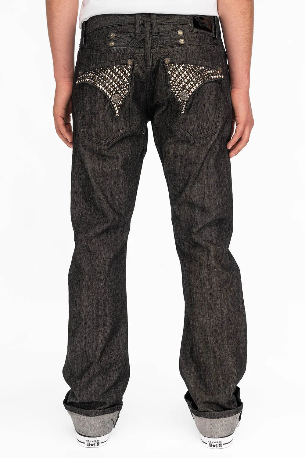 RAW DENIM COLLECTION MENS STRAIGHT LEG LONG FLAP JEANS WITH CRYSTALS