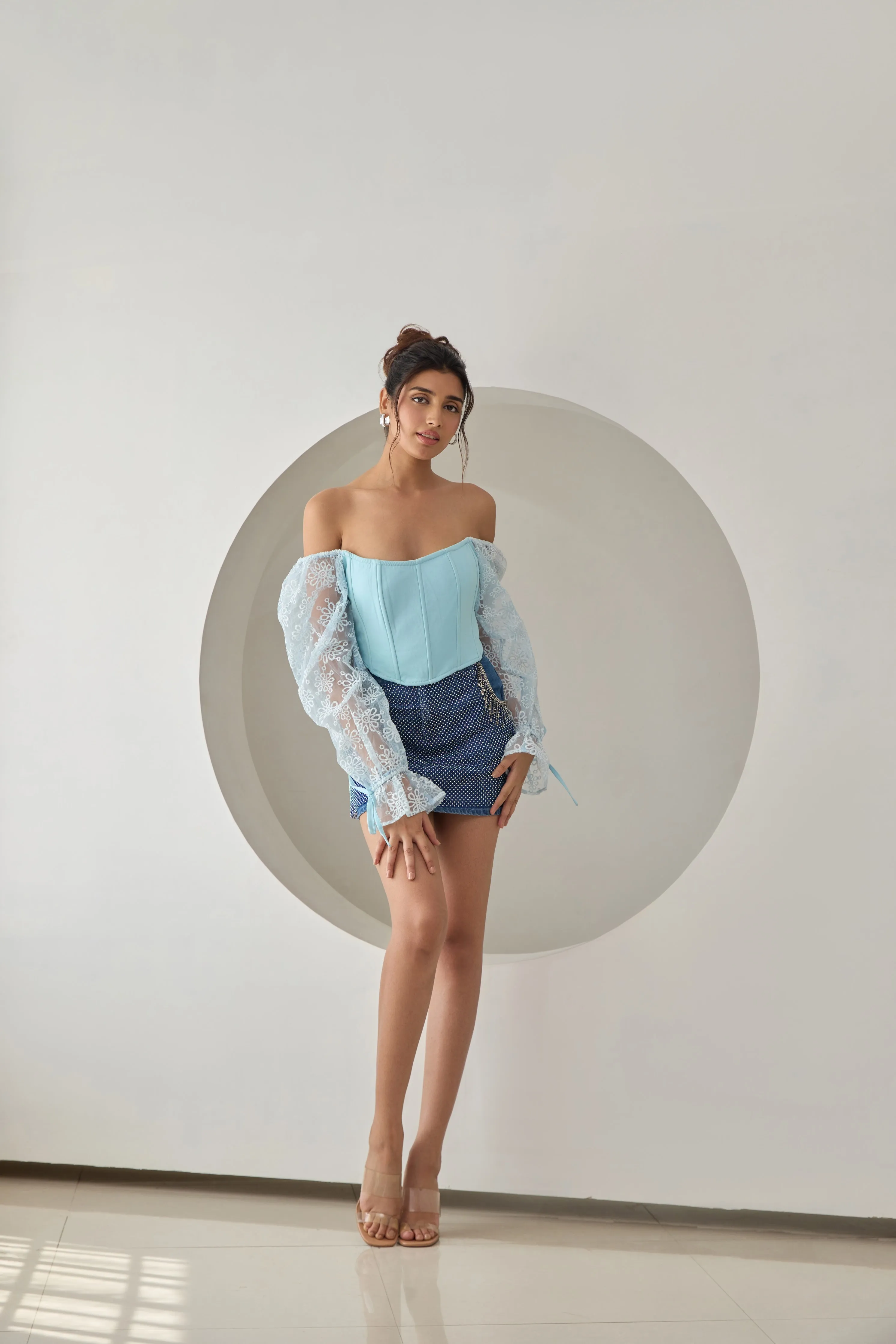 Sasha Baby Blue Embroidered Organza Sleeve Corset Top