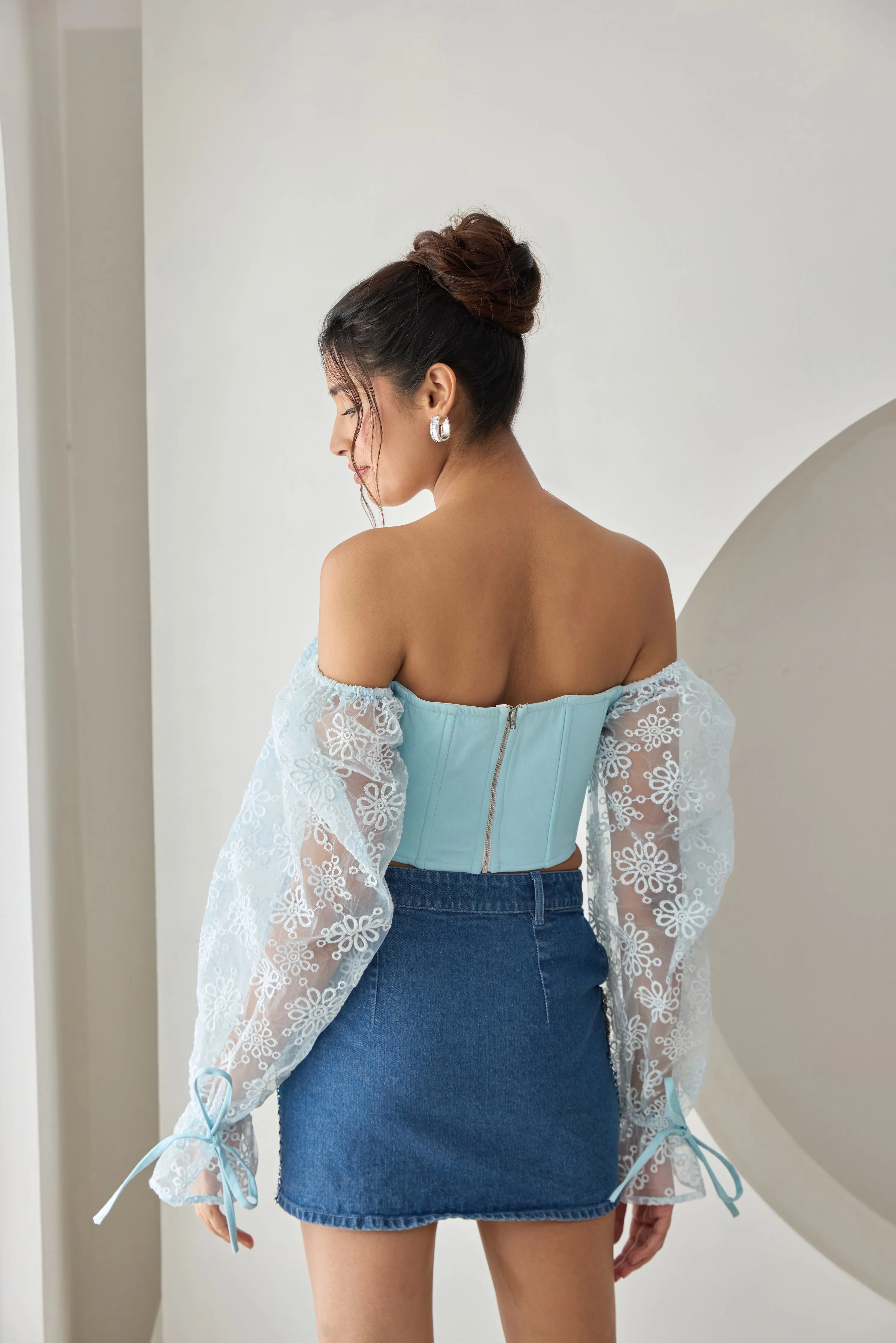 Sasha Baby Blue Embroidered Organza Sleeve Corset Top